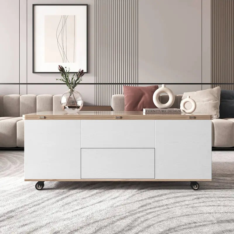 Table basse relevable avec tiroirs et étagères