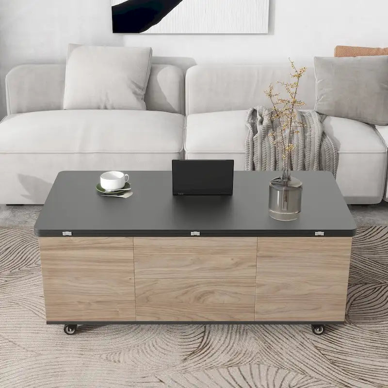 Table basse relevable avec tiroirs et étagères