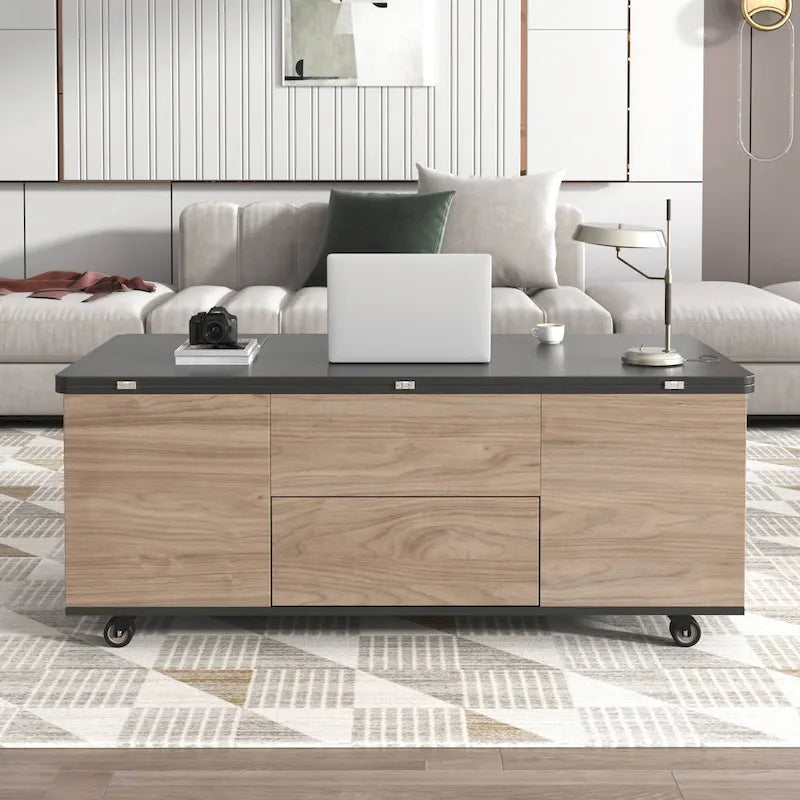 Table basse relevable avec tiroirs et étagères
