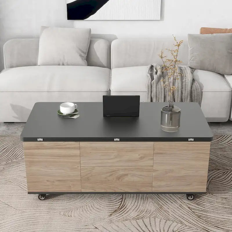 Table basse relevable avec tiroirs et étagères