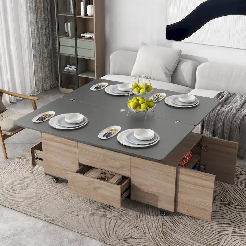 Table basse relevable avec tiroirs et étagères