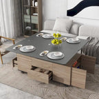 Table basse relevable avec tiroirs et étagères