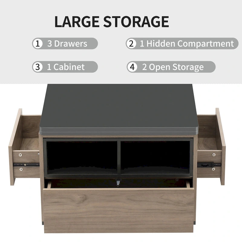 Table basse relevable avec tiroirs et étagères