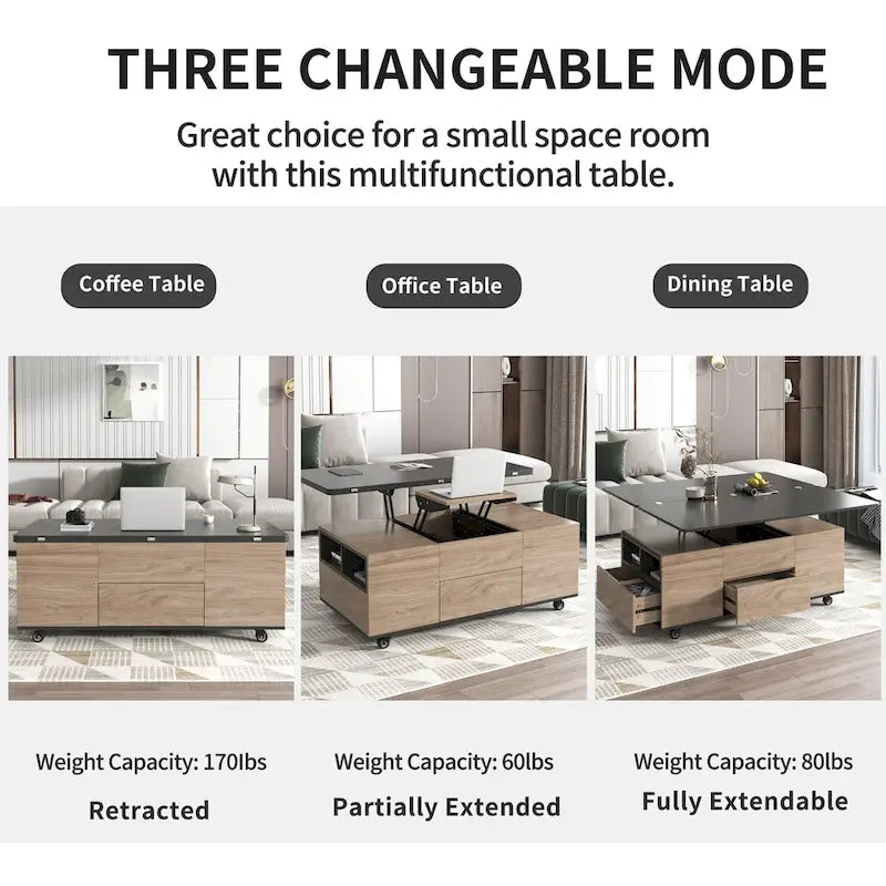 Table basse relevable avec tiroirs et étagères