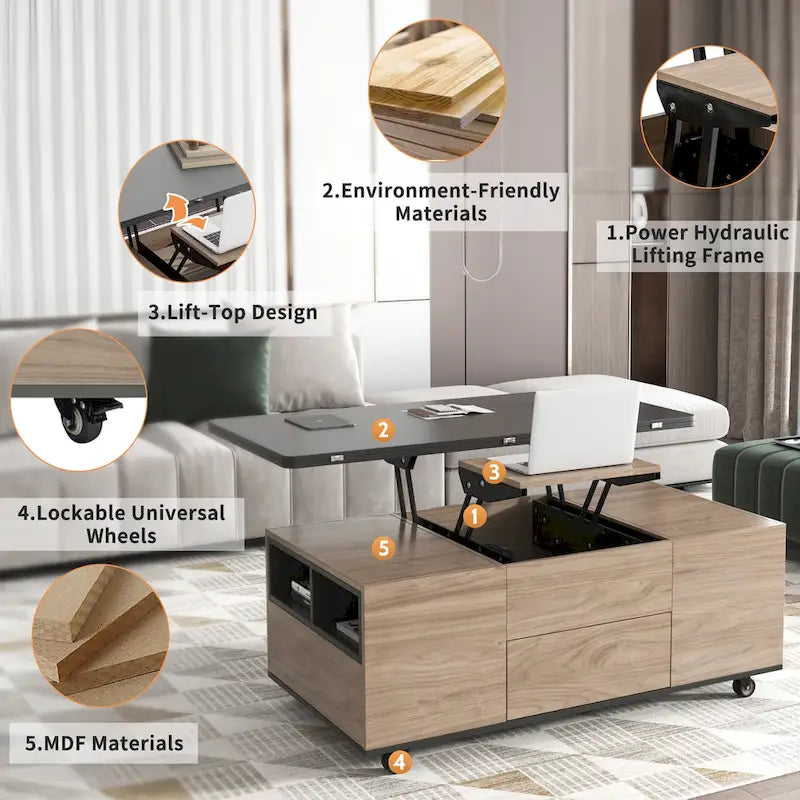 Table basse relevable avec tiroirs et étagères