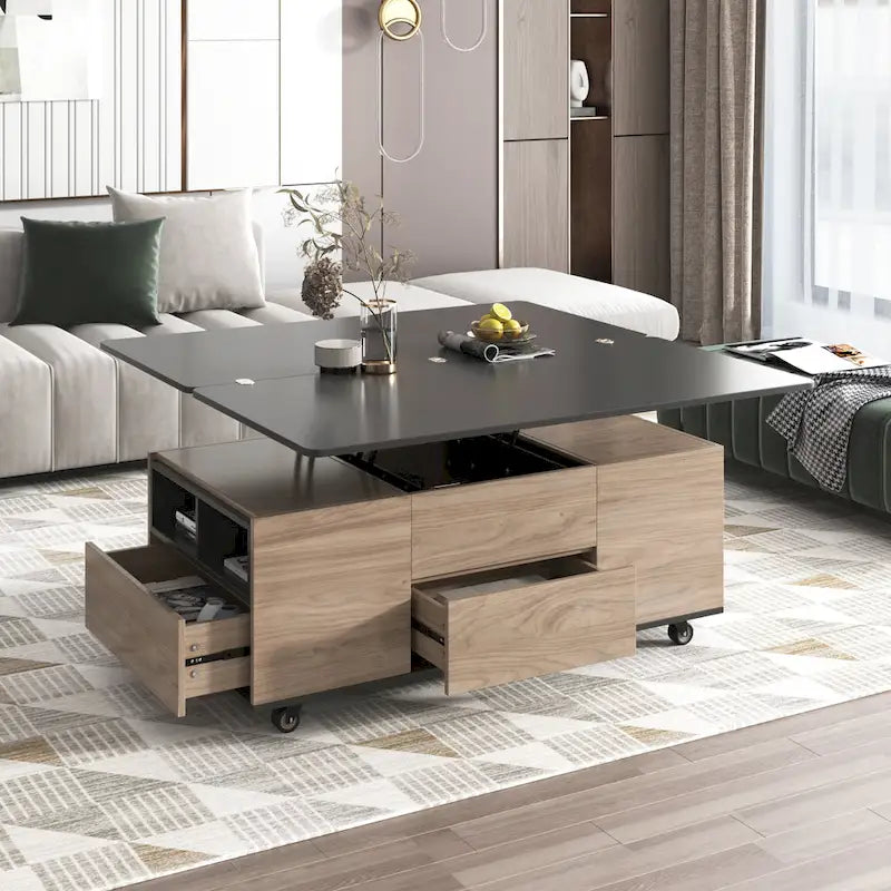 Table basse relevable avec tiroirs et étagères