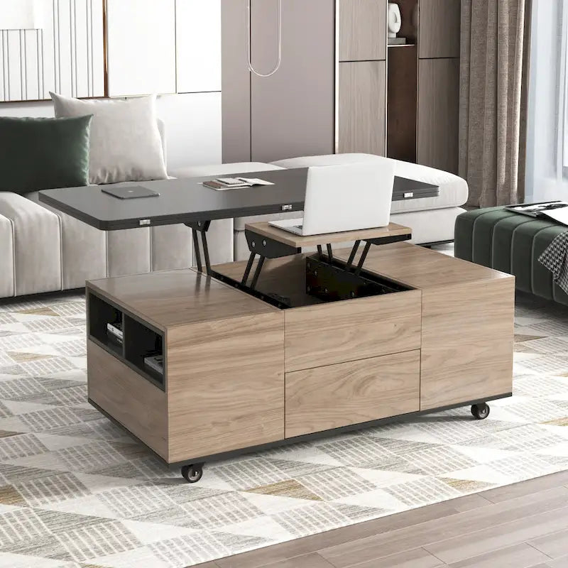 Table basse relevable avec tiroirs et étagères