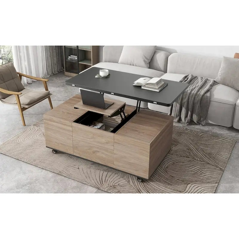Table basse relevable avec tiroirs et étagères