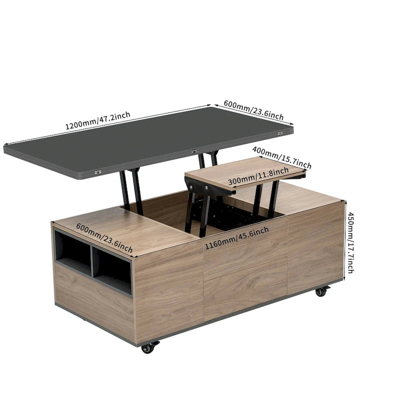 Table basse relevable avec tiroirs et étagères