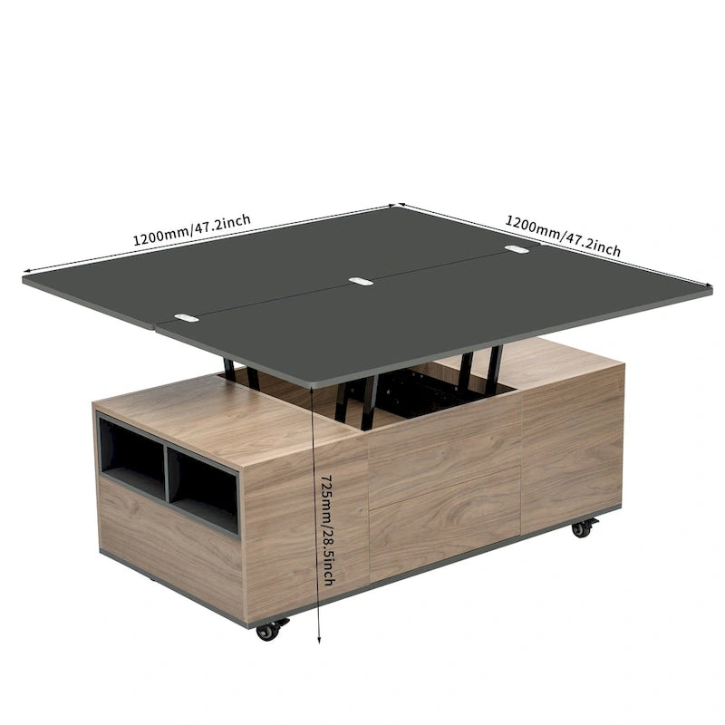 Table basse relevable avec tiroirs et étagères