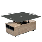 Table basse relevable avec tiroirs et étagères