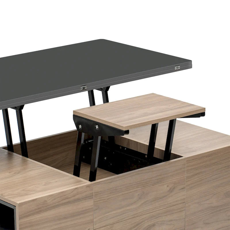 Table basse relevable avec tiroirs et étagères