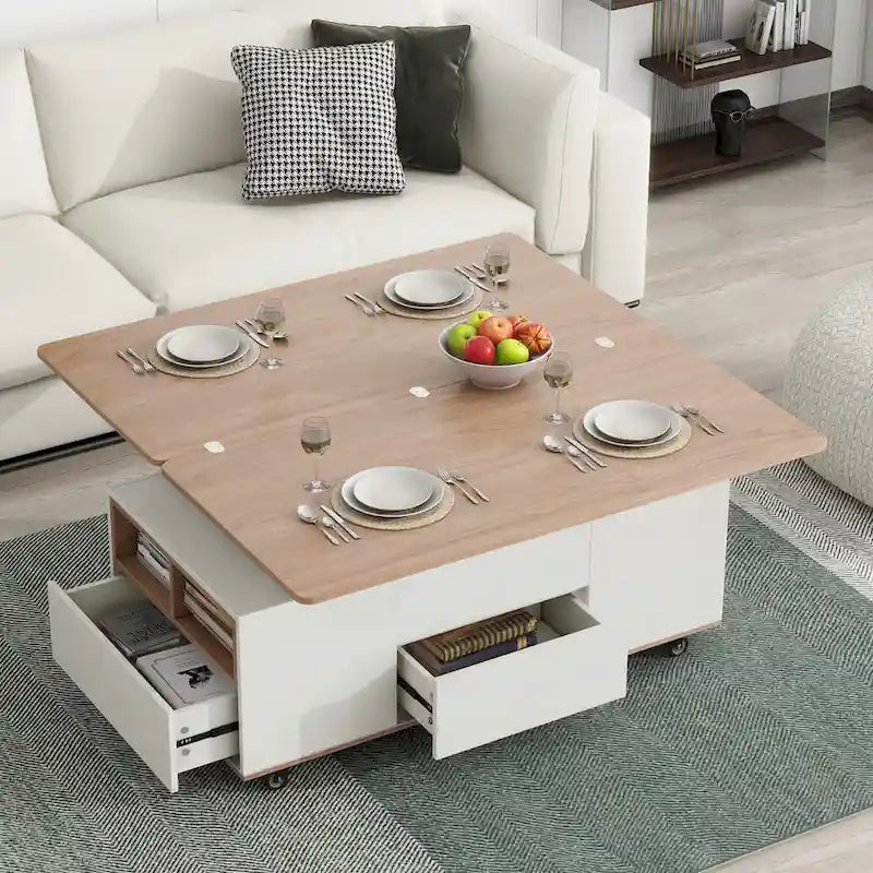 Table basse relevable avec tiroirs et étagères