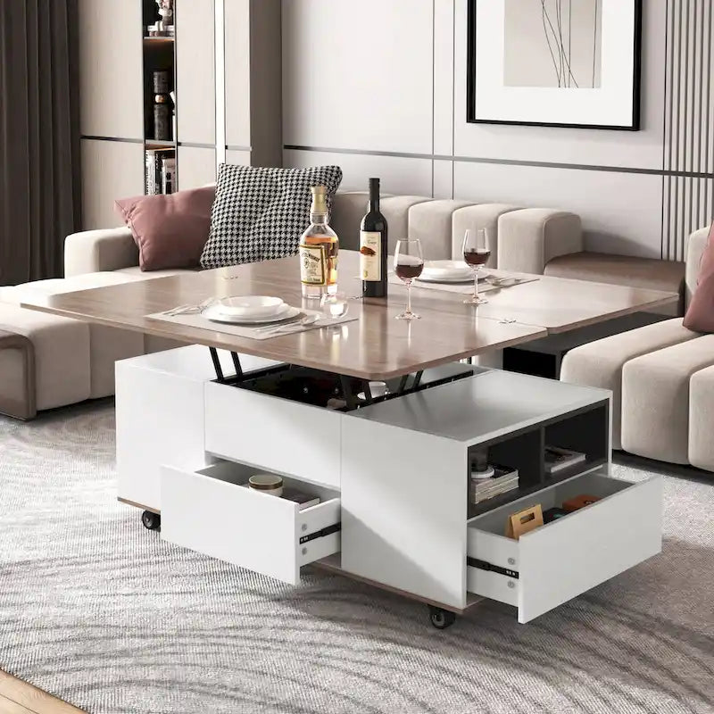 Table basse relevable avec tiroirs et étagères