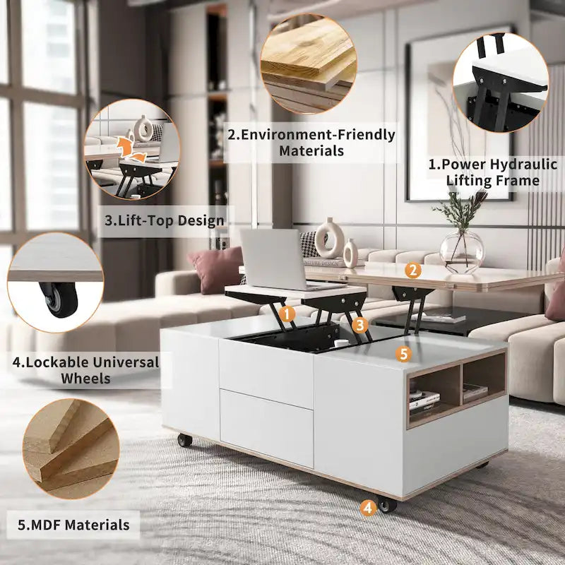Table basse relevable avec tiroirs et étagères