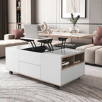 Table basse relevable avec tiroirs et étagères