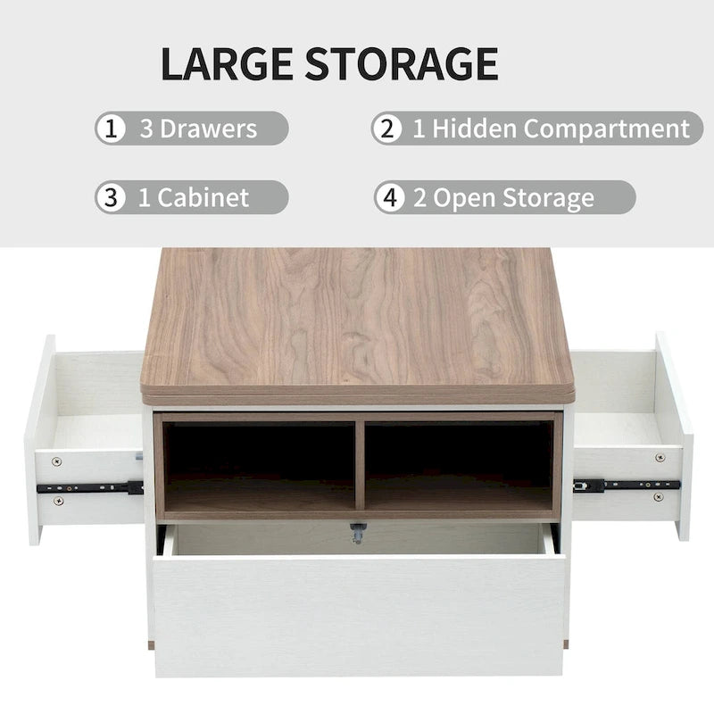 Table basse relevable avec tiroirs et étagères