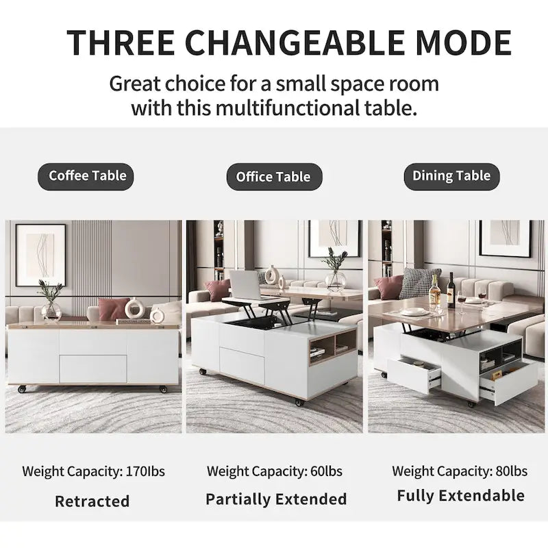 Table basse relevable avec tiroirs et étagères