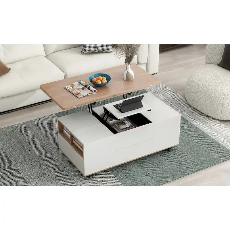 Table basse relevable avec tiroirs et étagères