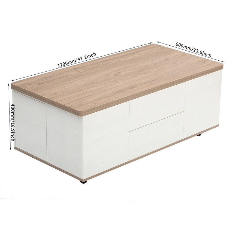 Table basse relevable avec tiroirs et étagères