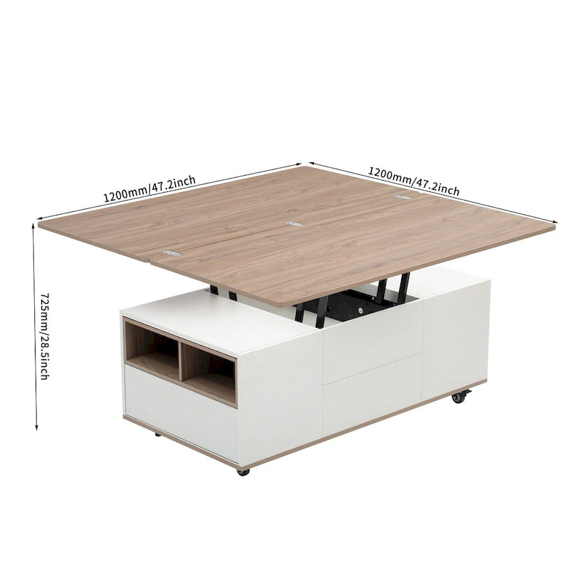 Table basse relevable avec tiroirs et étagères