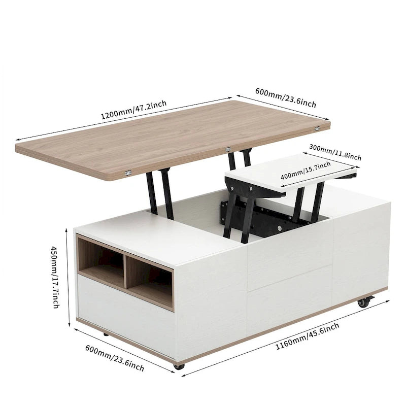 Table basse relevable avec tiroirs et étagères