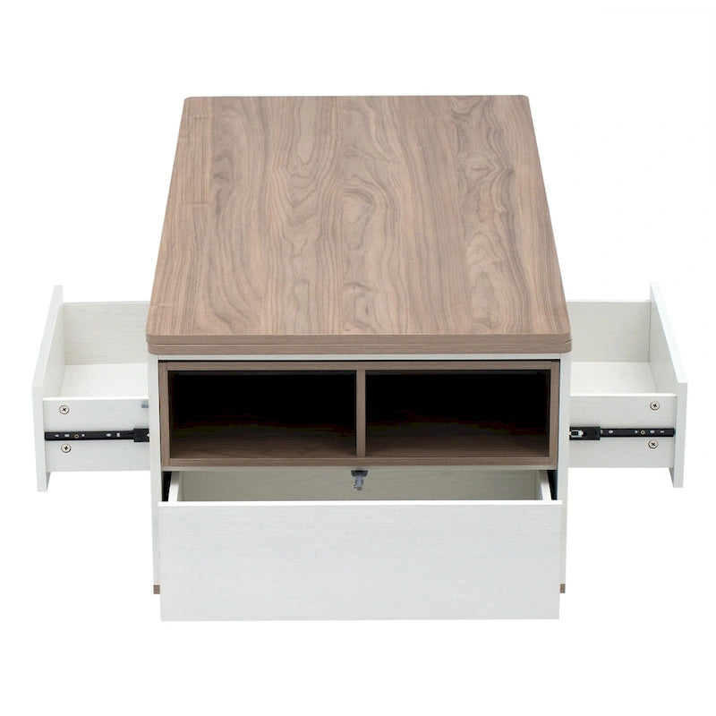 Table basse relevable avec tiroirs et étagères