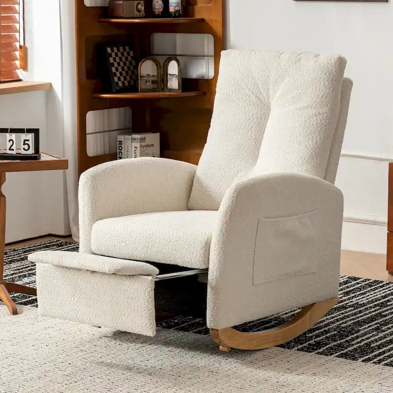 Fauteuil à bascule rembourré à dossier haut avec repose-pieds et pieds en bois