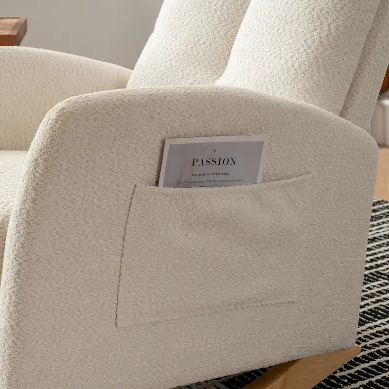 Fauteuil à bascule rembourré à dossier haut avec repose-pieds et pieds en bois