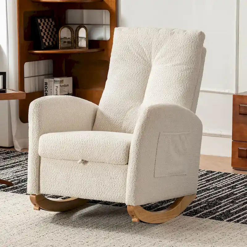 Fauteuil à bascule rembourré à dossier haut avec repose-pieds et pieds en bois