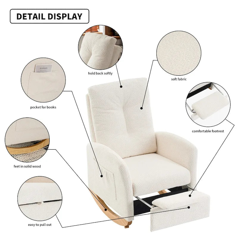 Fauteuil à bascule rembourré à dossier haut avec repose-pieds et pieds en bois