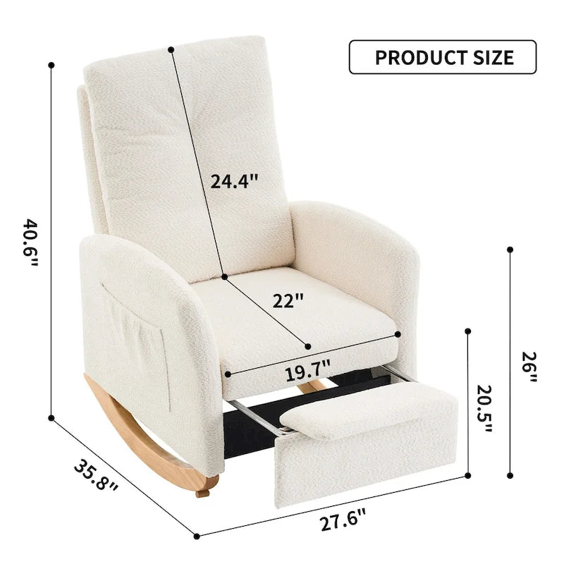 Fauteuil à bascule rembourré à dossier haut avec repose-pieds et pieds en bois