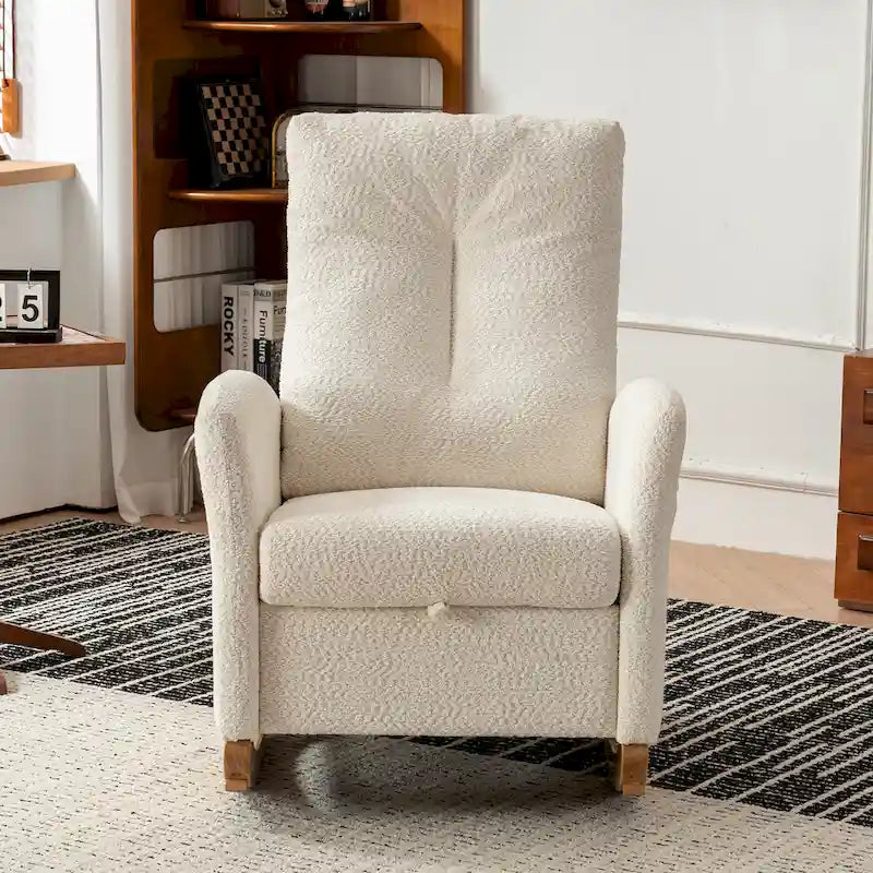 Fauteuil à bascule rembourré à dossier haut avec repose-pieds et pieds en bois