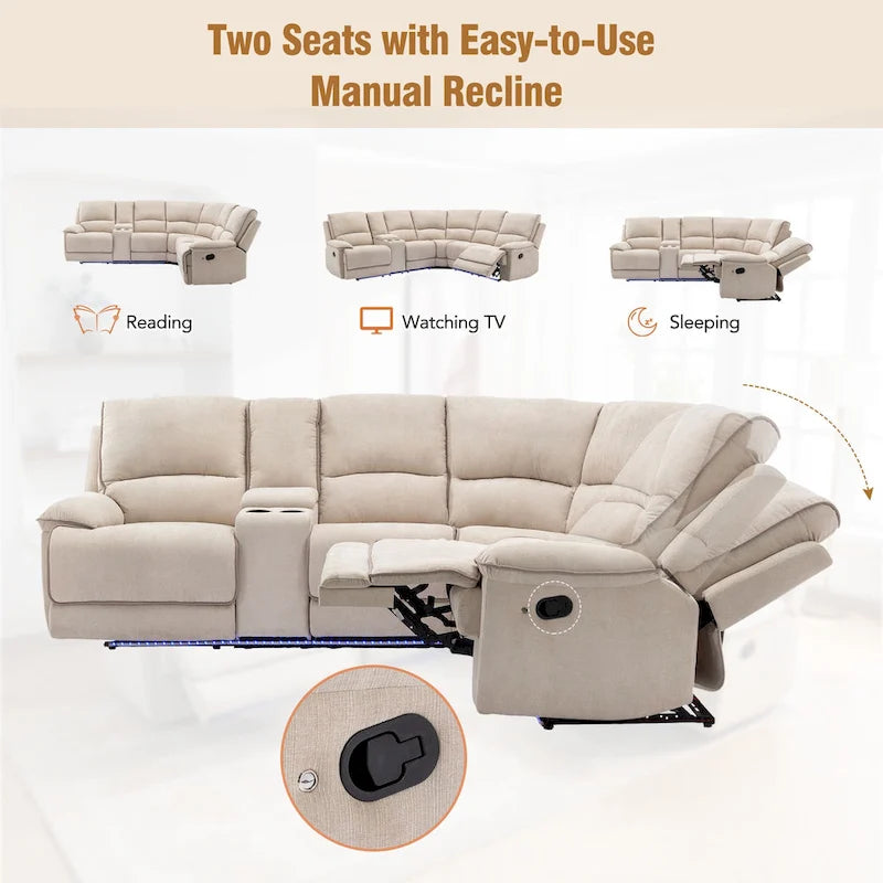 Fauteuil inclinable manuel avec bande lumineuse LED, ports USB, rangement dissimulé et porte-gobelets - Crème