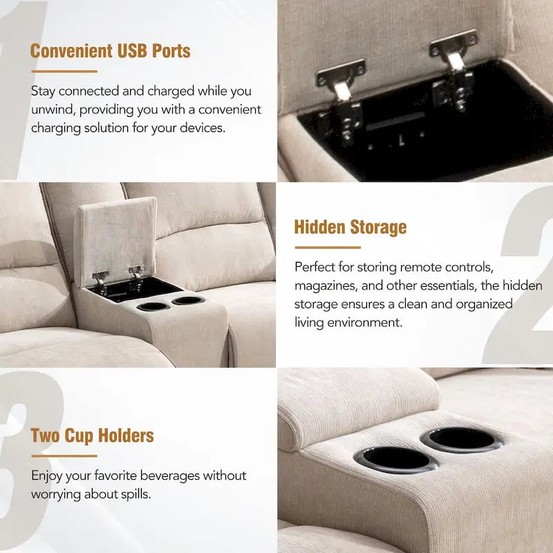 Fauteuil inclinable manuel avec bande lumineuse LED, ports USB, rangement dissimulé et porte-gobelets - Crème