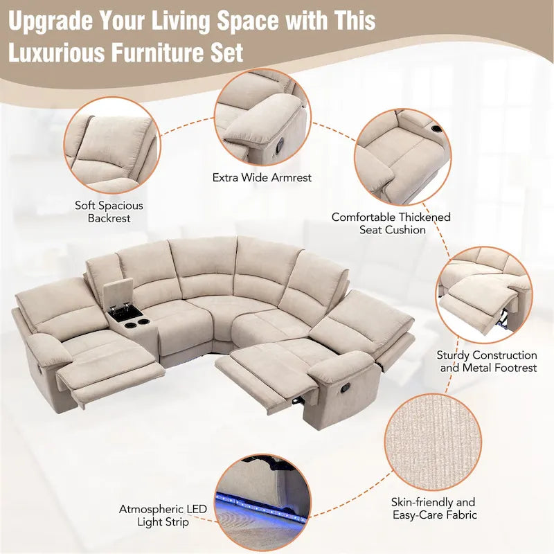 Fauteuil inclinable manuel avec bande lumineuse LED, ports USB, rangement dissimulé et porte-gobelets - Crème
