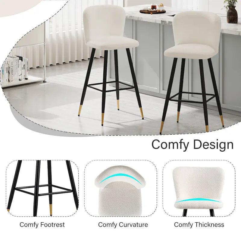 Tabouret de bar moderne 30", siège blanc avec pieds en métal noir et embouts dorés