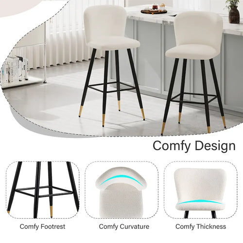 Tabouret de bar moderne 30", siège blanc avec pieds en métal noir et embouts dorés
