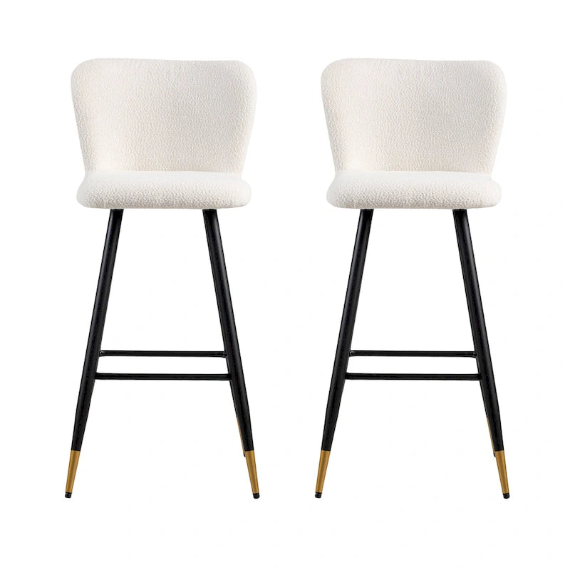 Tabouret de bar moderne 30", siège blanc avec pieds en métal noir et embouts dorés
