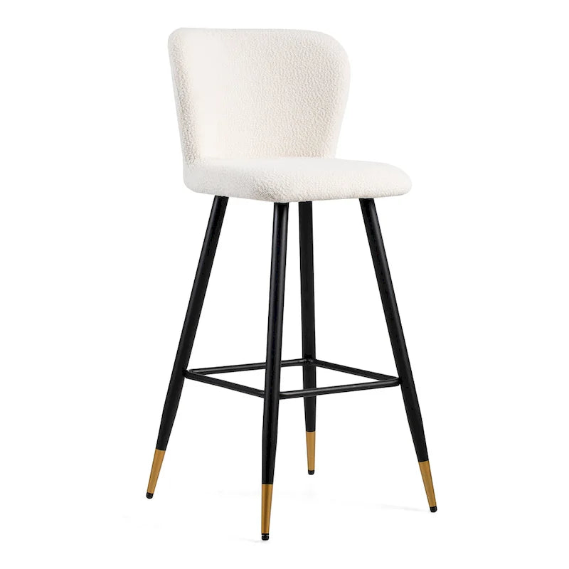 Tabouret de bar moderne 30", siège blanc avec pieds en métal noir et embouts dorés