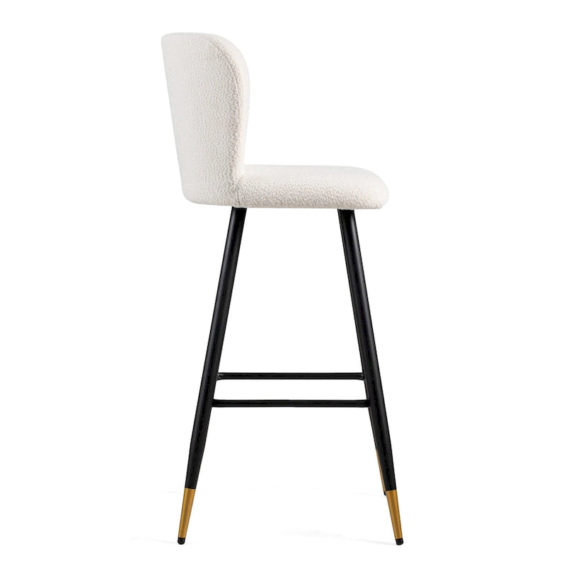 Tabouret de bar moderne 30", siège blanc avec pieds en métal noir et embouts dorés
