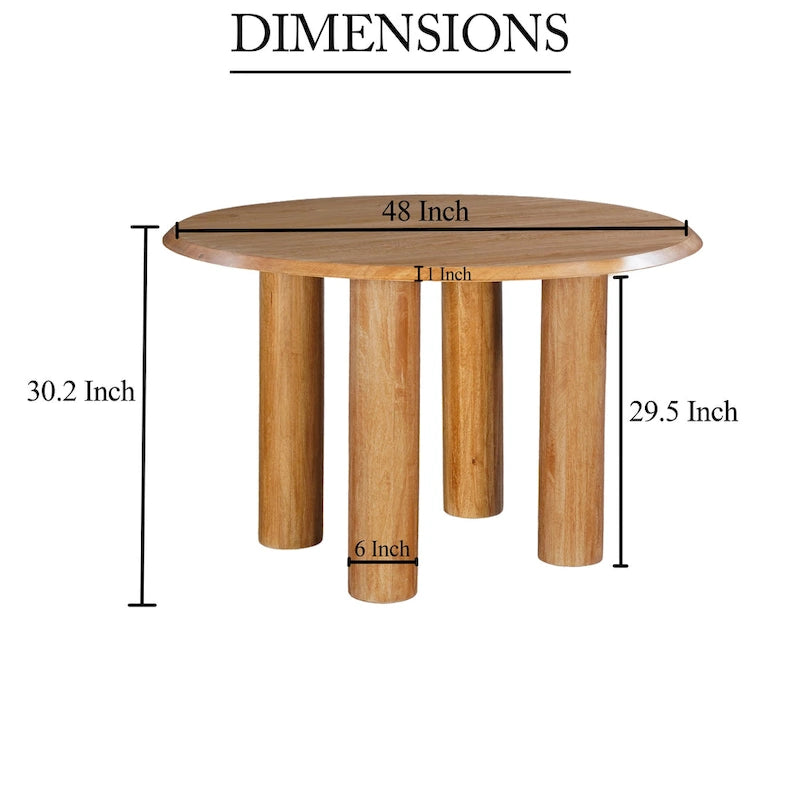 Table à manger ronde, plateau de 48 pouces, bois de manguier, brun naturel, 4 pieds piliers