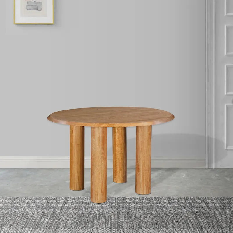 Table à manger ronde, plateau de 48 pouces, bois de manguier, brun naturel, 4 pieds piliers