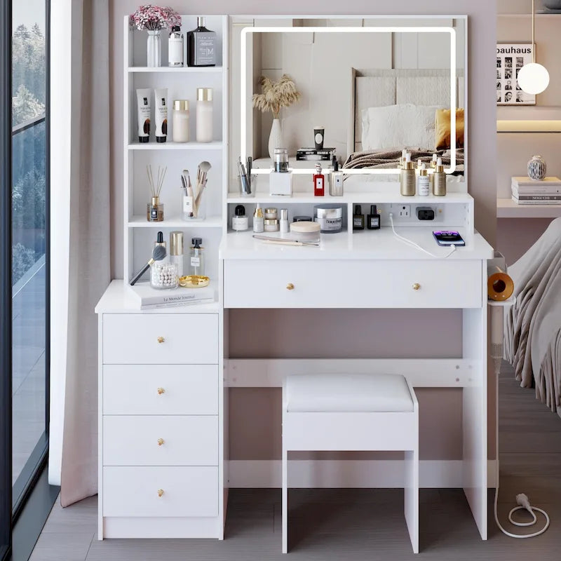 Coiffeuse avec miroir LED et tabouret rembourré