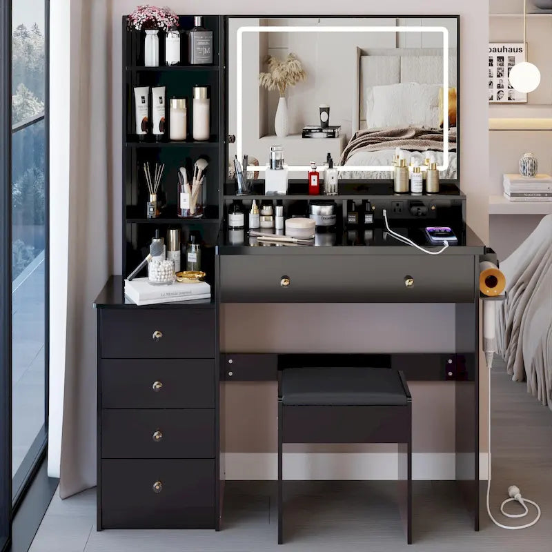 Coiffeuse avec miroir LED et tabouret rembourré