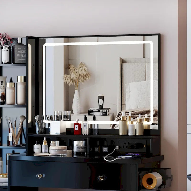 Coiffeuse avec miroir LED et tabouret rembourré