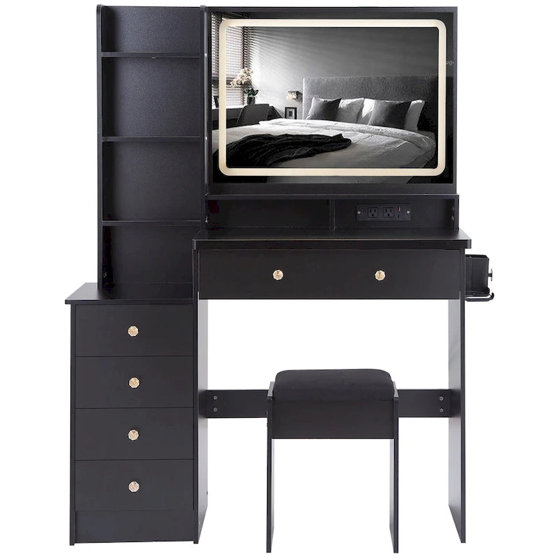 Coiffeuse avec miroir LED et tabouret rembourré