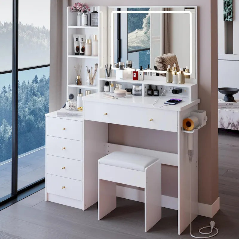 Coiffeuse avec miroir LED et tabouret rembourré