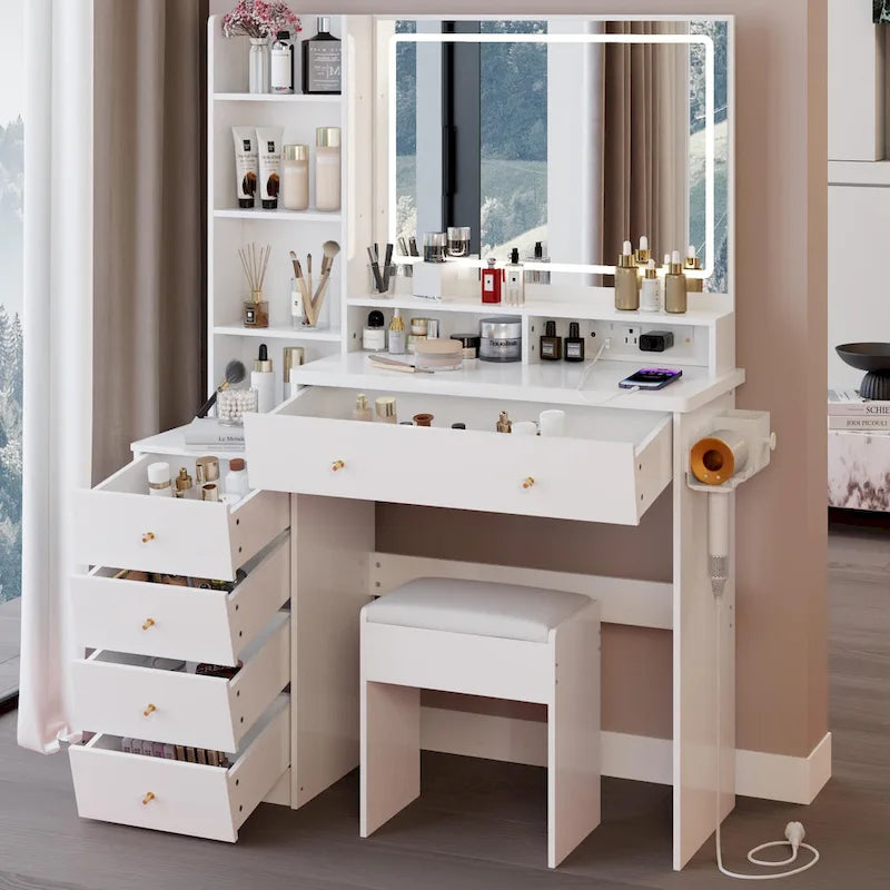 Coiffeuse avec miroir LED et tabouret rembourré