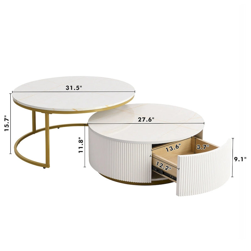 Tables basses gigognes rondes avec tiroir, plateau en MDF et base en métal